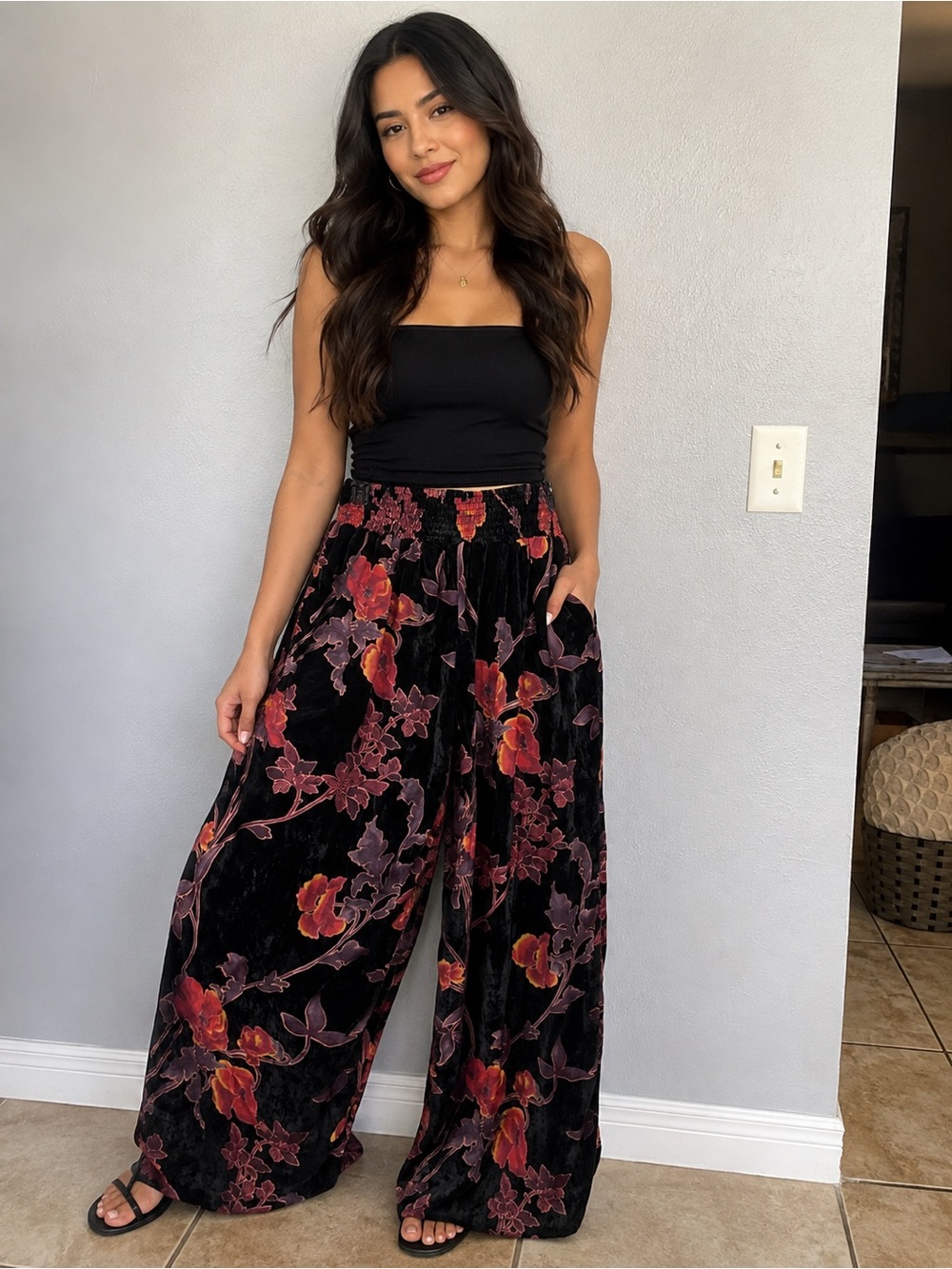 Crimson in Grace Black Burnout‎ Velvet Floral Wide Leg Palazzo Pants Size XL